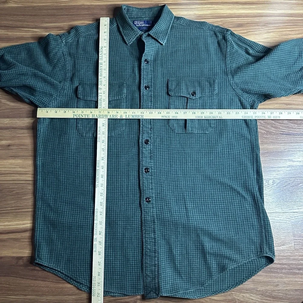 Vintage Polo Ralph Lauren Sierra Shirt Mens Large Green Herringbone Heavy Cotton